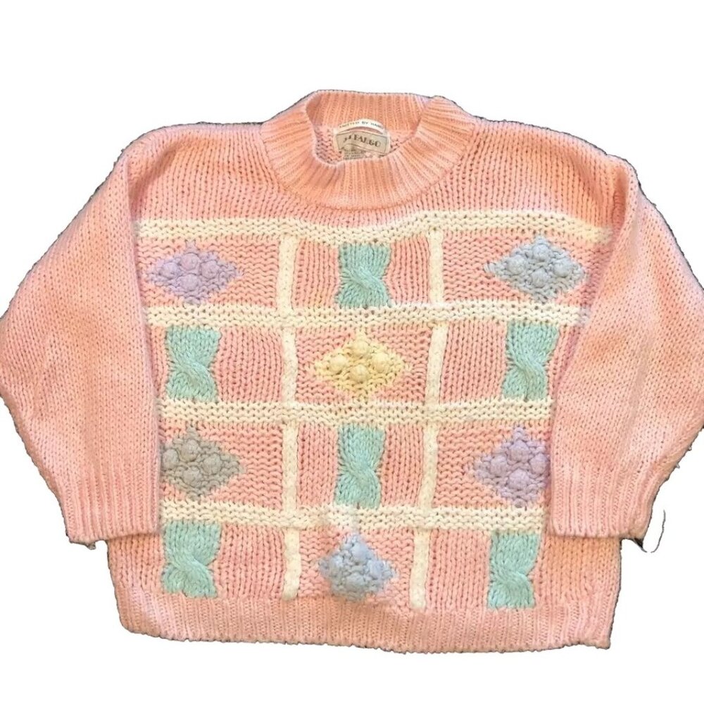 Vtg JJ Fargo Pink Pastel Sweater Sz S Hand Knitted Floral Grannycore Womens